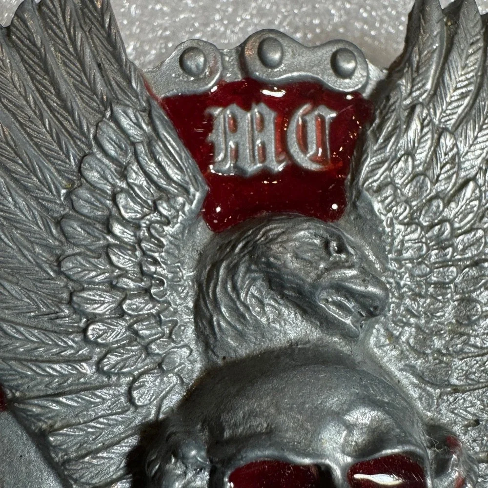 Winged Skull Eagle MC Rebel‎ Rider Belt Buckle Silver Tone Red Enamel Reissue